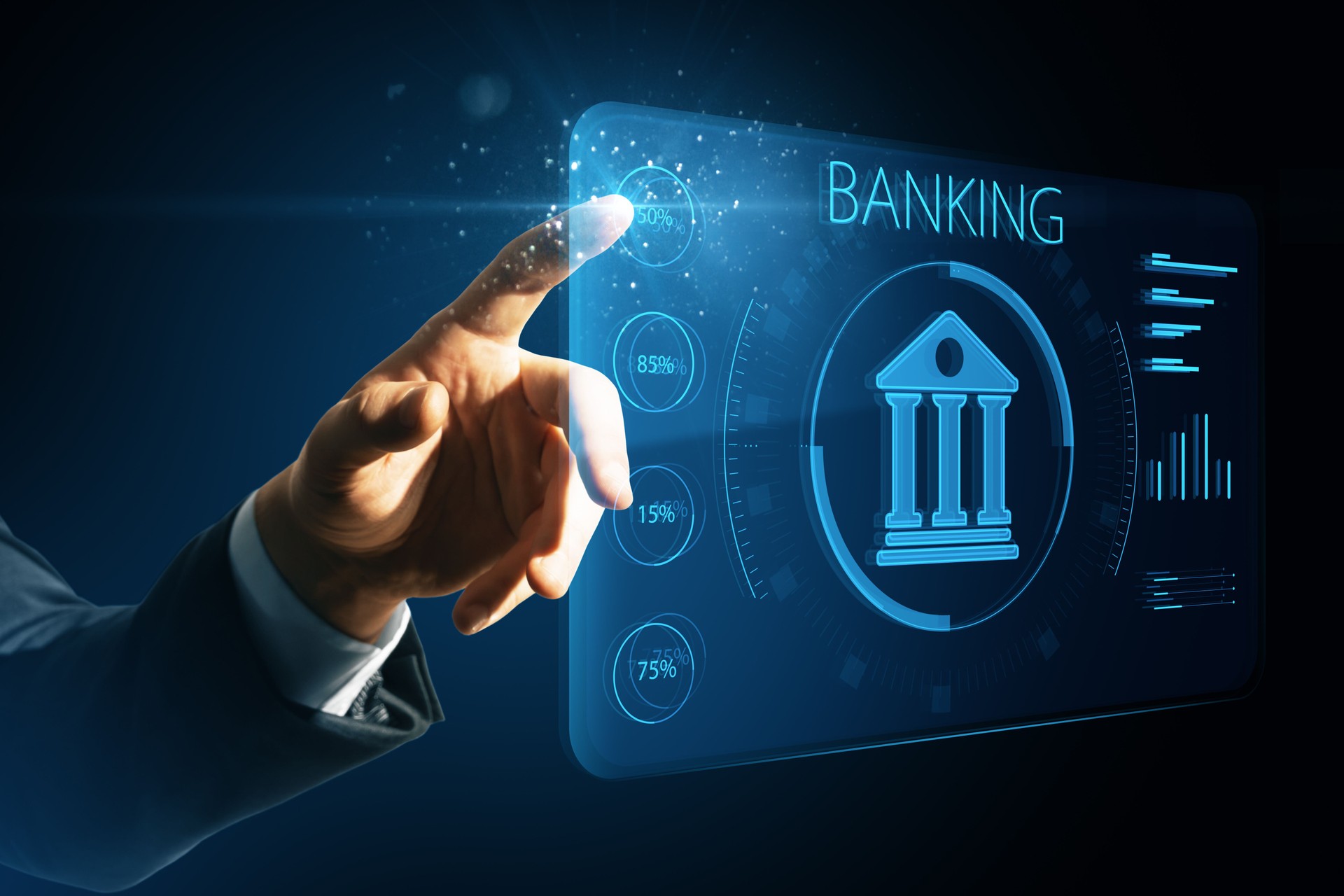 Man hand pointing at creative online banking hologram on blue blurry background. AI and automation concept. Double exposure.